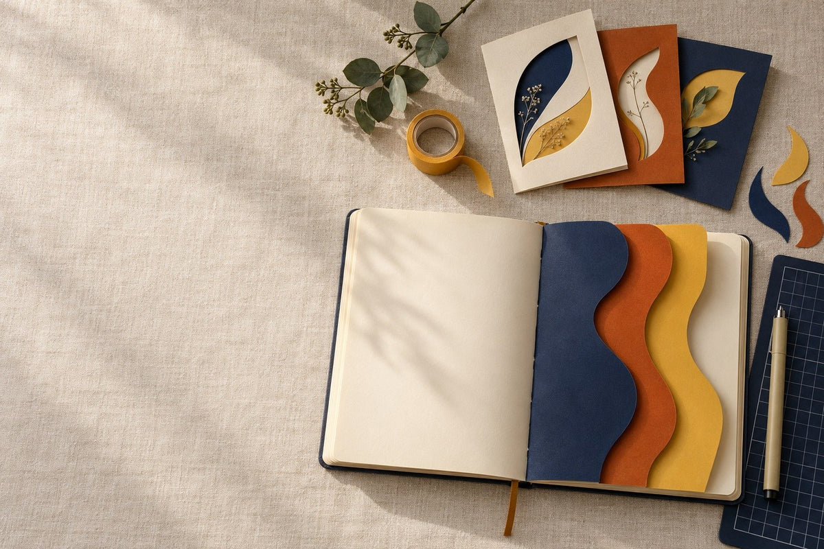 Journal spread with curved Dutch doors in navy, orange and mustard, handmade cards and paper offcuts