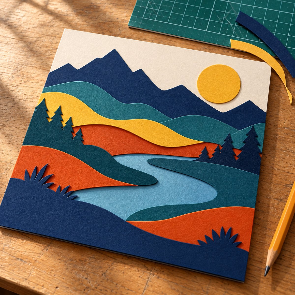 Paysage en couches de papier cartonné, aux courbes coupées net