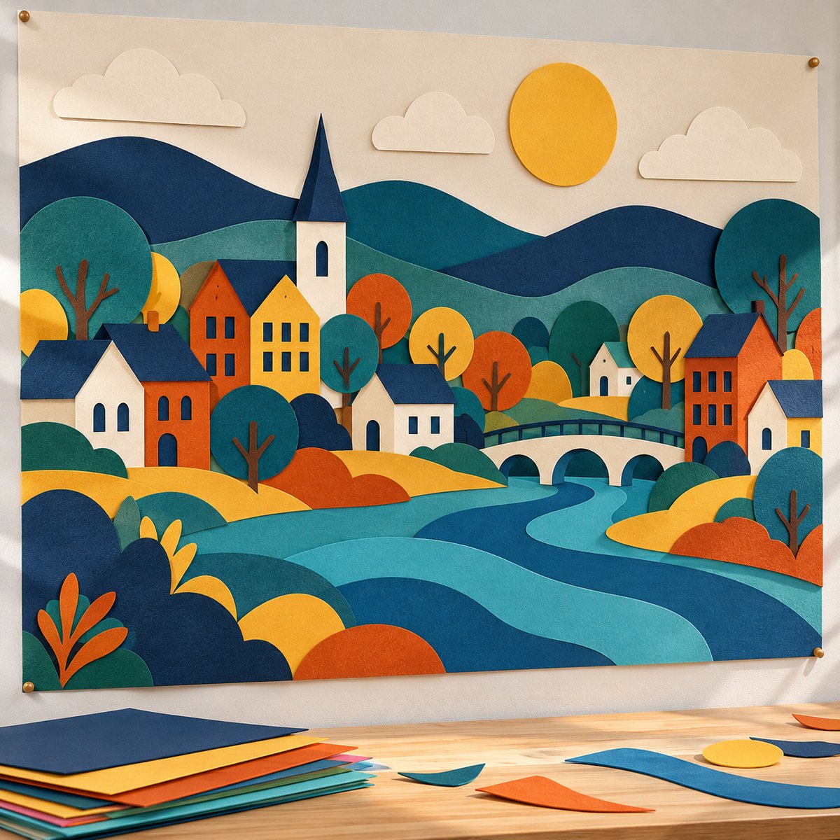 Murale de classe en papier : un village au bord d’une rivière, chaque pièce coupée net