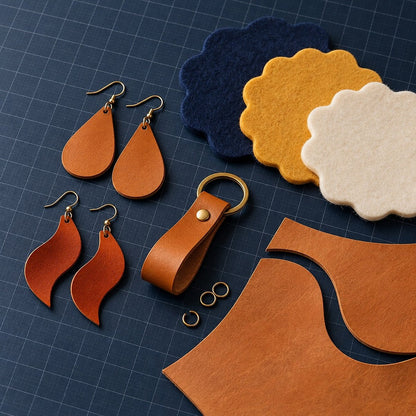 Boucles d’oreilles et porte-clés en cuir, sous-verres en feutre épais aux courbes nettes