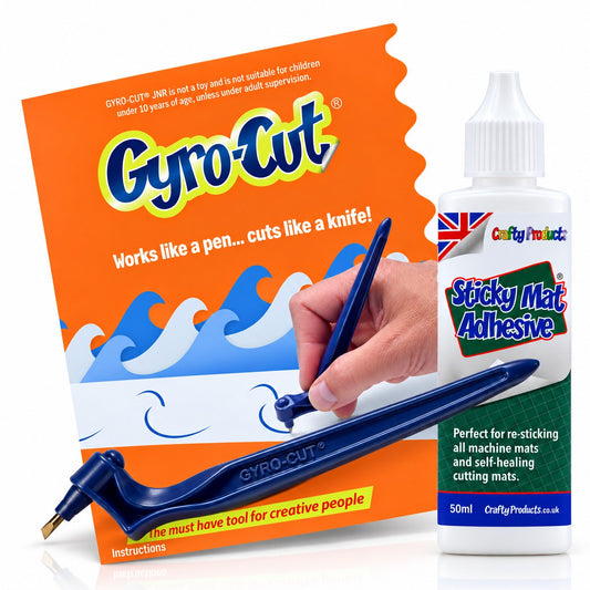 Gyro-Cut JNR craft knife with a bottle of Sticky Mat Adhesive