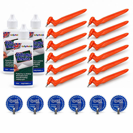 Trousse pour la classe Gyro-Cut PRO : 12 couteaux de précision PRO, 6 lames Standard de rechange et 3 flacons de Sticky Mat Adhesive