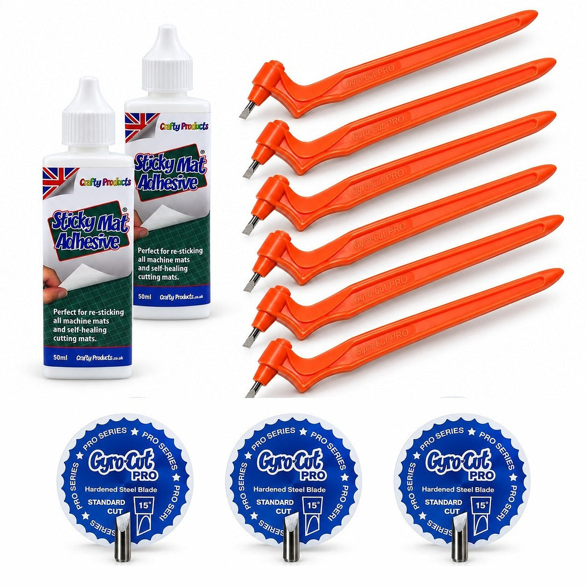 Trousse petit groupe Gyro-Cut PRO : 6 couteaux de précision PRO, 3 lames Standard de rechange et 2 flacons de Sticky Mat Adhesive
